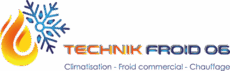 Logo Technik Froid 06 avec flamme et flocon, illustrant la climatisation, le froid commercial et le chauffage.