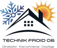 Logo Technik Froid 06 : maison entre flocon et soleil pour climatisation, chauffage et froid commercial.